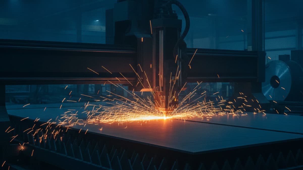 Üretim holünde sac levhayı kıvılcımlarla kesen CNC lazer kesim makinesi