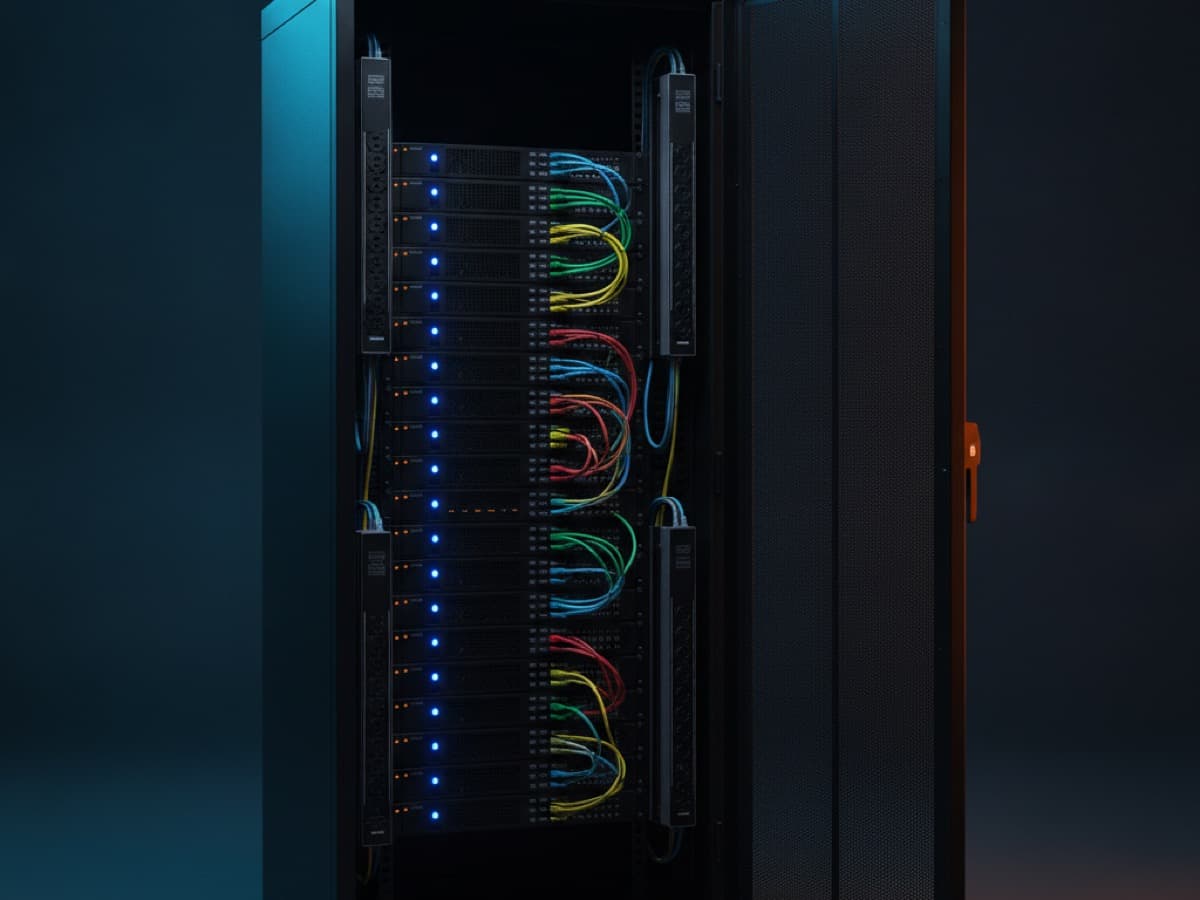 Yarı açık tek bir siyah 42U sunucu / rack kabineti, renkli patch kabloları